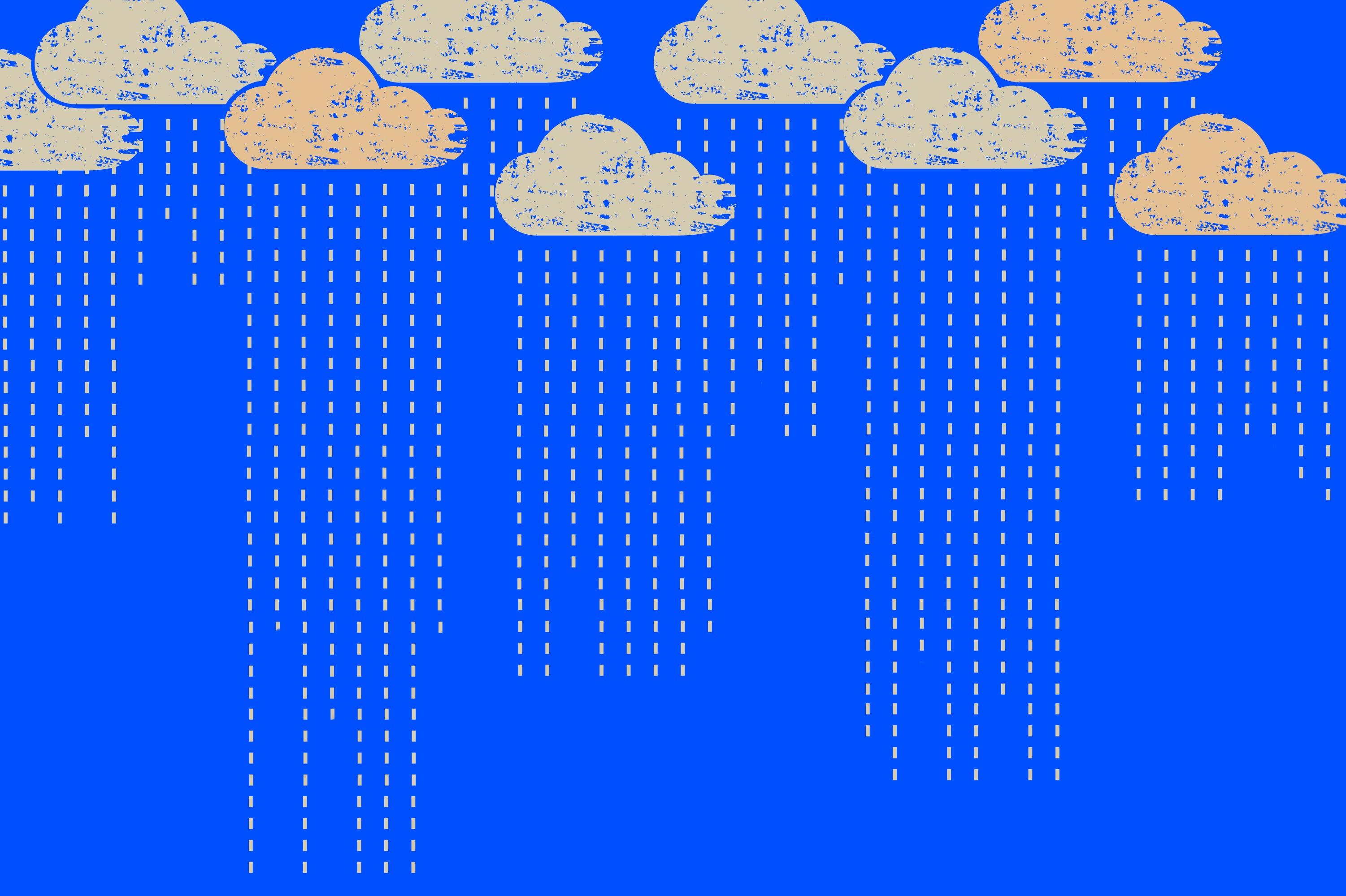 Some graphic clouds raining on a blue background