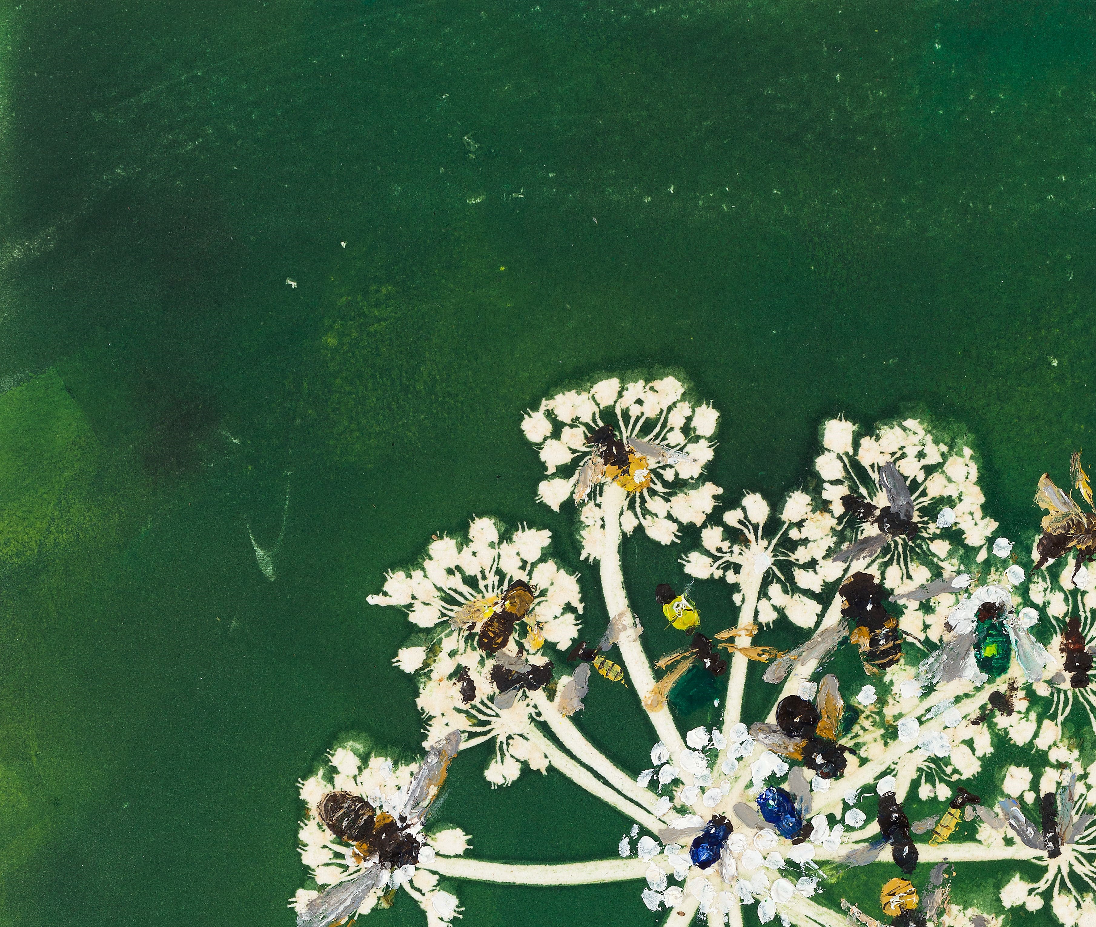 Cropped version of Hogweed Visitors, a painting by Kurt Jackson of bees in a hogweed plant.