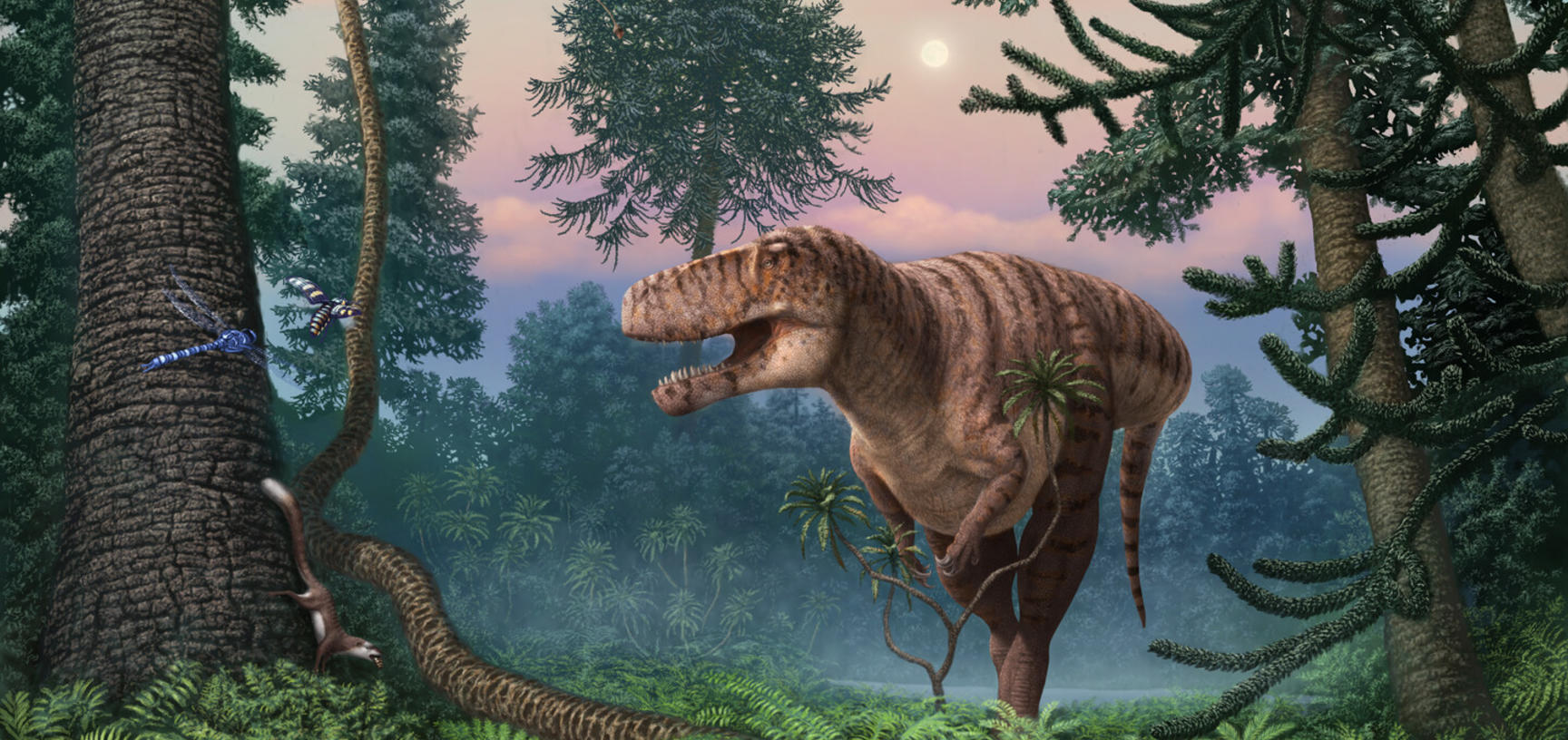 Illustration of Jurassic scene featuring theropod dinosaur in centre, pterosaurs above, fern foliage surround