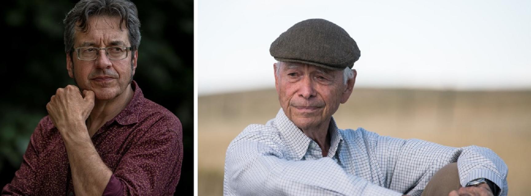 Two side-by-side photographic portraits of George Monbiot and Allan Savory