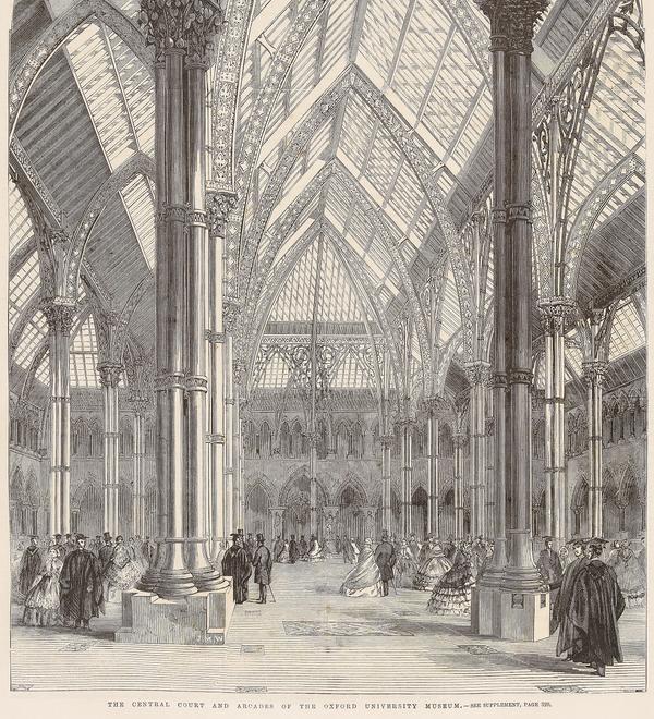 A print of a black and white engraving showing the central court of Oxford University Museum of Natural History in the 19th century