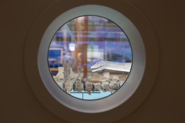 Portholes in the Out of the Deep display allow visitors to peer into the scale models and fossil skeletons