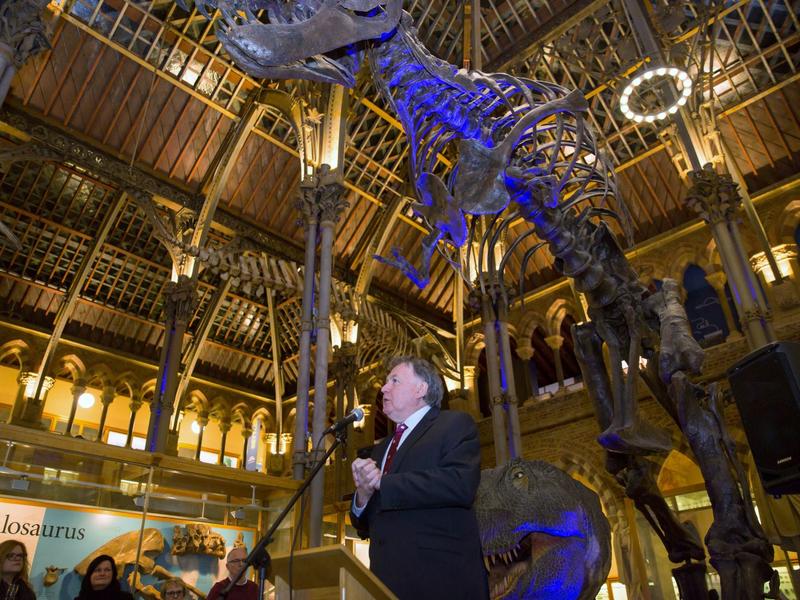 A speech being given under the T rex skeleton at night