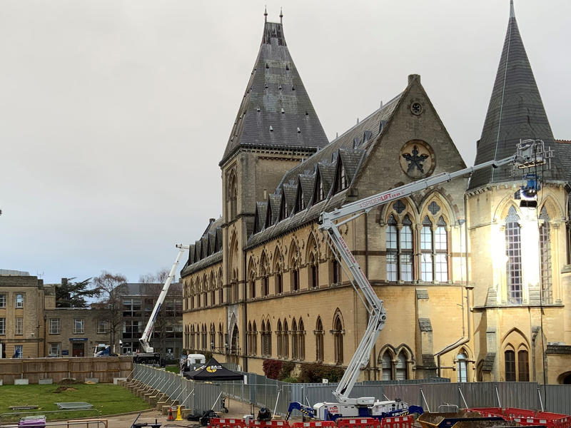 A filming crane outside the Museum
