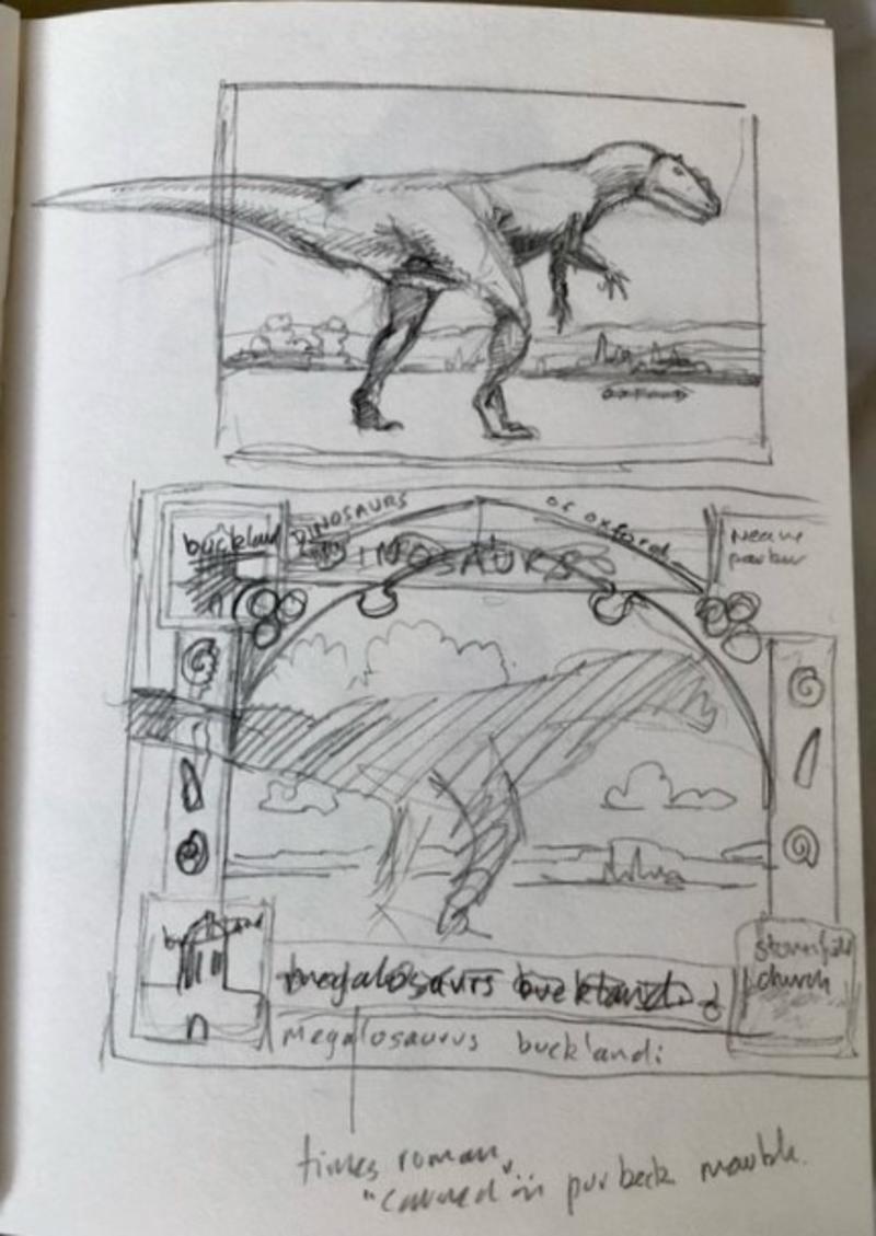 A sketchbook page featuring a pencil sketch of Megalosaurus