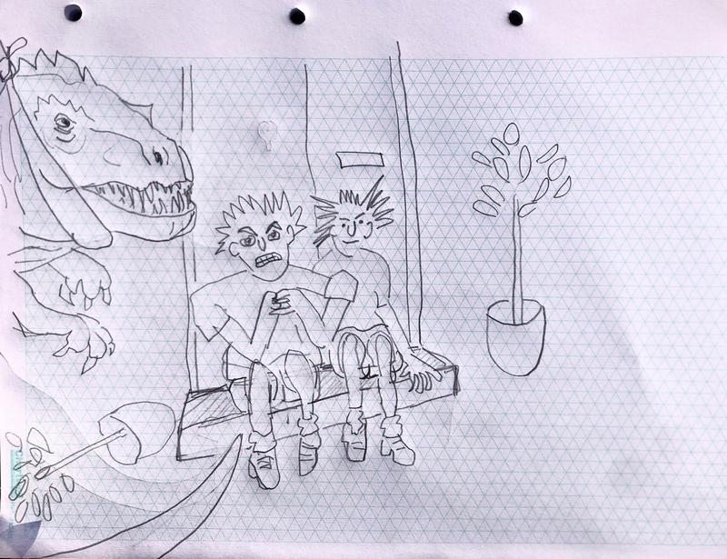 An illustration of two children on a swing meeting Megalosaurus