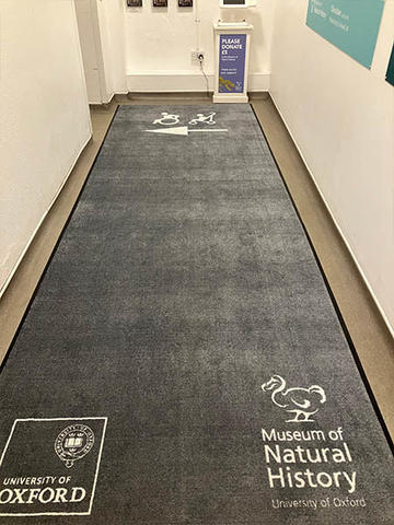 Grey floor mat displaying the Museum of Natural History and University of Oxford logos, with an accessibility symbol and arrow pointing towards the lift on the left.