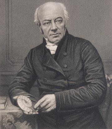 Engraving of William Buckland seated and holding a fossil ammonite in his hand Engraving of William Buckland seated and holding a fossil ammonite in his hand
