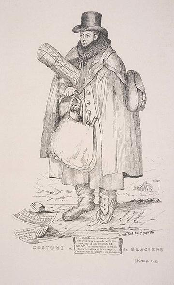 Satirical drawing of William Buckland dressed in heavy gear for a glacier expedition, holding scientific instruments Satirical drawing of William Buckland dressed in heavy gear for a glacier expedition, holding scientific instruments