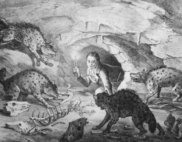 Illustration of William Buckland entering Kirkdale Cave surrounded by hyenas and bones Illustration of William Buckland entering Kirkdale Cave surrounded by hyenas and bones