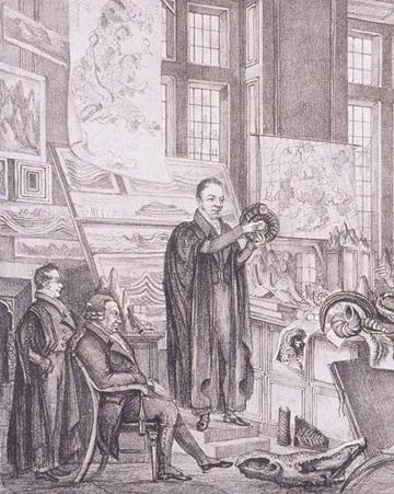 Scene of William Buckland giving a lecture with fossils and maps in the background Scene of William Buckland giving a lecture with fossils and maps in the background