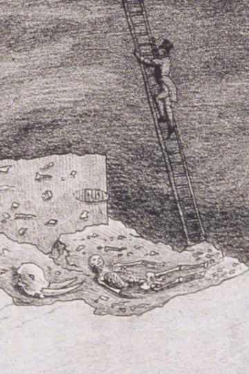 Illustration of a man climbing a ladder into a Paviland cave with human and animal skeletons Illustration of a man climbing a ladder into Paviland cave with human and animal skeletons